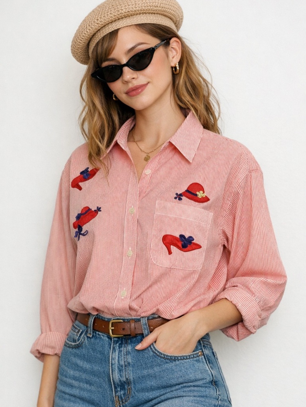 Vintage PTNY Red Stripe Button Down Shirt Novelty Embroidered Hats Heels Top